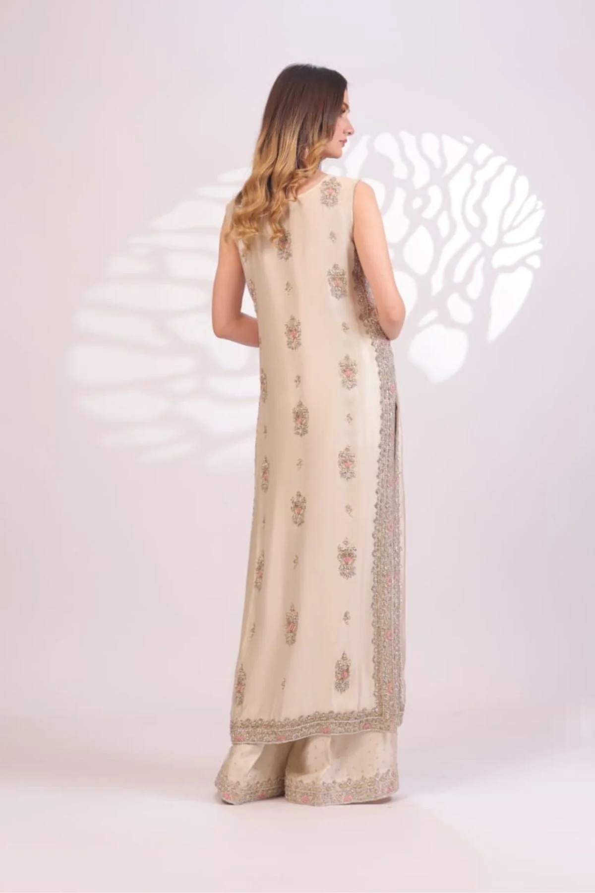 Ivory Bloom Pakistani fashion outfit in ivory, gold tones.